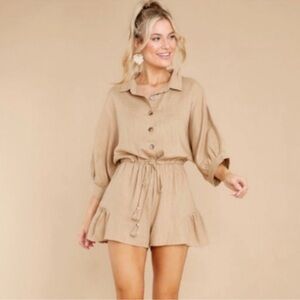 AAKAA Tan Rayon Linen Blend Romper